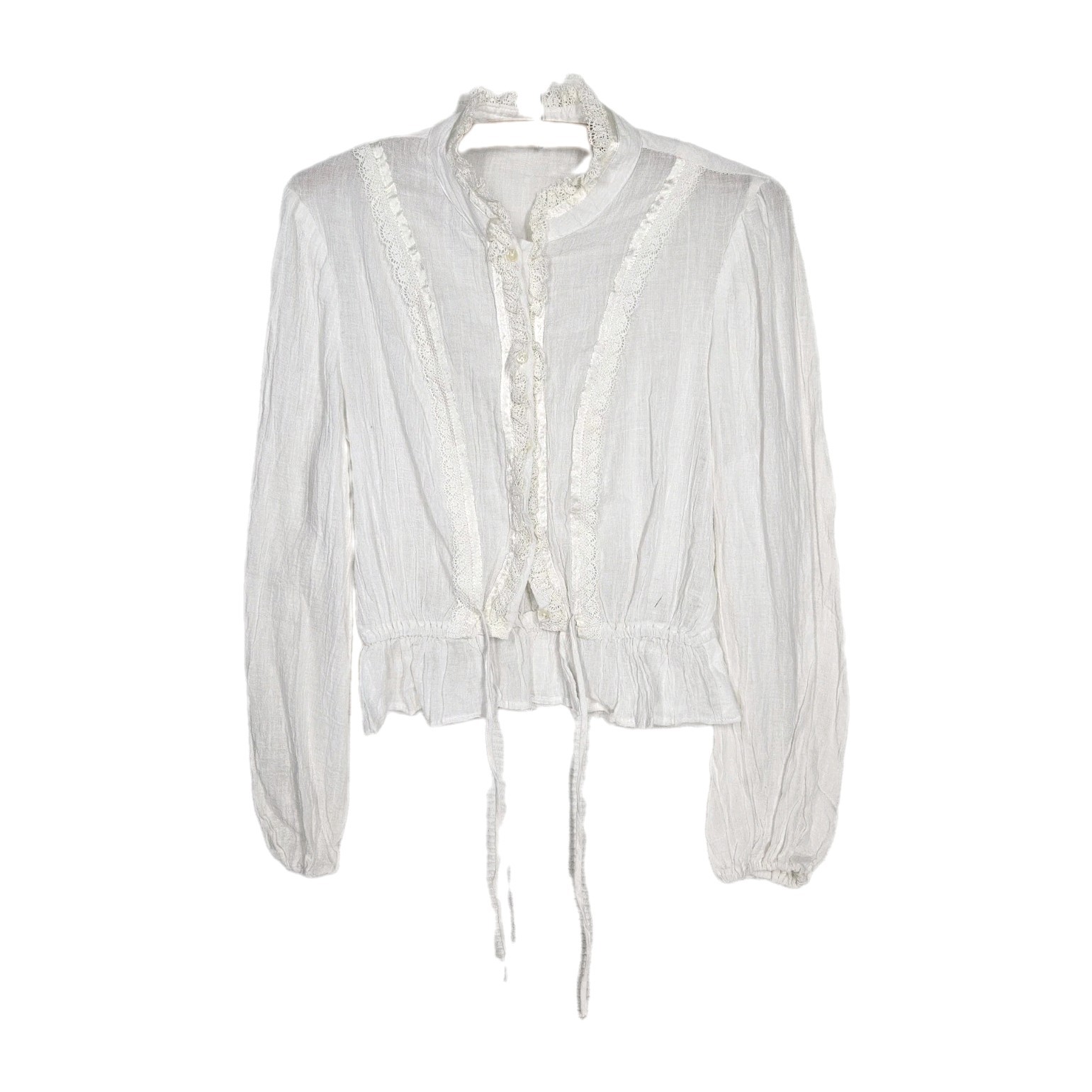 Vintage 1970s Cotton Crepe Shirt Sheer Gauze Sm Lace High Neck Cottagecore Gunne