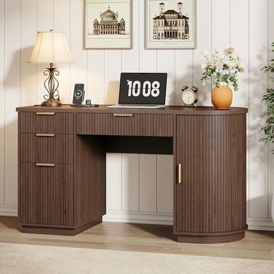 55'' Fluted Executive Desk, Mid Century Modern Computer Desk with Drawers and