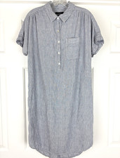 TAHARI Linen Shirt Dress Small Blue Pinstripe Popover Short Sleeve Beach Vacay