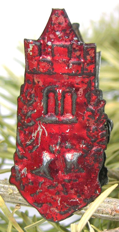 ORIGINAL 1890s FIGURAL TIN CHRISTMAS TREE CANDLE CLIP ORNAMENT - COUNTRY COTTAGE