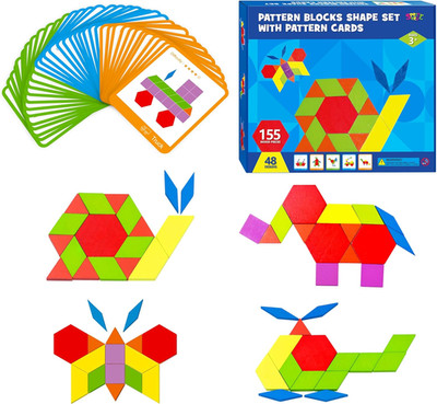 155 PCS Wooden Pattern Blocks Set, 24 Double-Sided Design Cards(48 Patterns) Geo