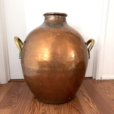 X-LARGE Antique Egyptian Copper Bean Pot Brass Handles Hammered Primitive Decor