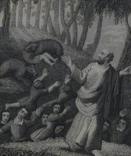 Antique Religious Art Elisha Mocked by Children 1860 Christianity History