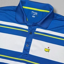 Masters Tech Shirt Mens Large Blue White Striped Short Sleeve Augusta Golf