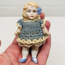 Antique Blue Bow Mignonette Jointed Miniature Bisque 3.5 German Doll Dressed