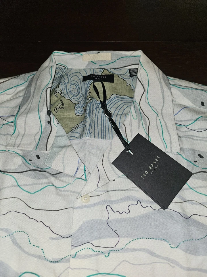 Camisa Ted Baker Hombres Estampado Briary Wave Blanca Mezcla de Lino Talla 7 Nueva Con Etiquetas Foto 3 de 4