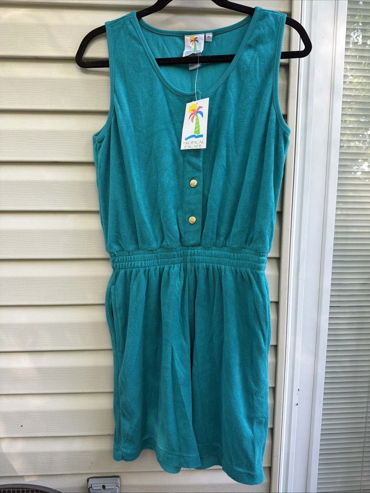 TROPICAL ESCAPE Sears Women’s Vintage Teal Terry Cloth Romper - Size M *NEW*