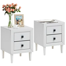 2 PCs Nightstand End Bedside Coffee Table Wooden Leg Home Drawers White