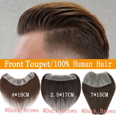 Front Toupet Mens Toupee Human Hair Replacement System PU Base Poly Hairpiece US
