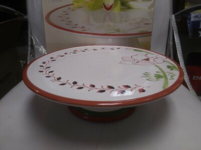Gibson FLORAL STORY Stoneware Handpainted Pedestal Cake Plate Stand - 12'' ~ NEW!