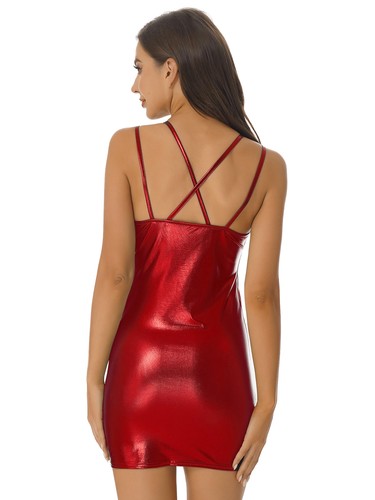 iEFiEL Women Shiny Metallic PVC Leather Bodycon Dress Clubwear Straps Sexy AU - Picture 41 of 78