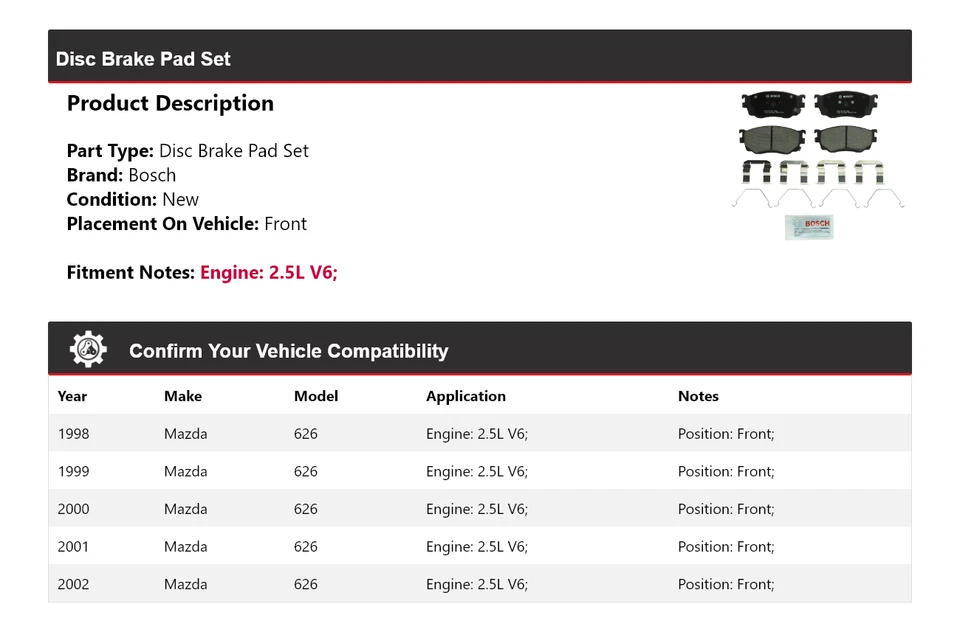 Pastilhas de freio dianteiras 1999 para 1998-2002 Mazda 626 2.5L V6 Bosch QuietCast cerâmica - Imagem 2 de 3