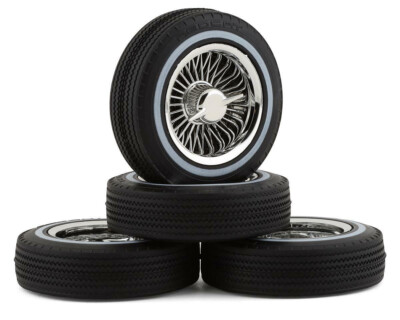 1/10 LOW RIDER White Wall RIMS + TIRES W Nut Covers (4PCS) Set -SILVER CHROME- 