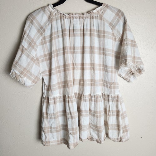 Anthropology Bette Top XS Babydoll Tan Gingham Cottagecore Beach Peasant Boho - Picture 2 of 10