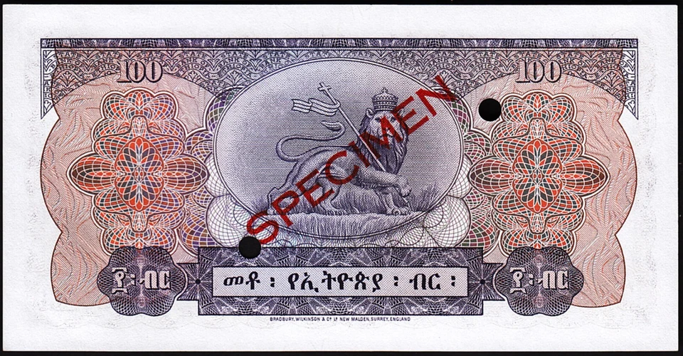 Ethiopia 100 Dollars 1961, aUNC/UNC, SPECIMEN, F/I 000000, P-23s, RARE!! - Image 2 of 4
