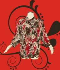 CJ BANKS Red Black PAISLEY Women's PLUS 1X Button Up Shirt Blouse Top BOLD PRINT