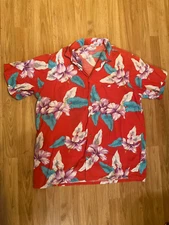 Vintage Barefoot In Paradise XL Hawaiian Shirt Floral Red Cabana Wear