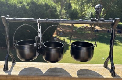 MarthaStewart 3 Hanging Cauldrons Black Metal Skeleton Head Candy Bowl Halloween