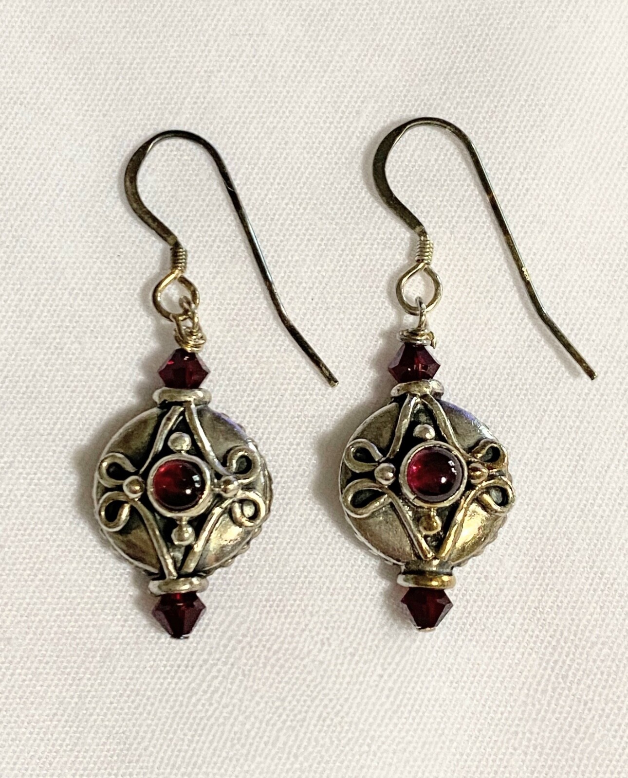 Sterling Silver 925 BALI STYLE GARNET Wire Hook Pierced Dangle Drop Earrings