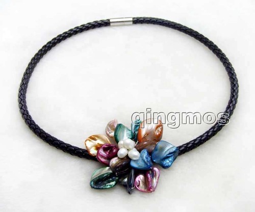 SALE Multicolor 70mm Shell Pearl Flower pendant & Rope 18'' Necklace-nec6318 - Picture 6 of 6