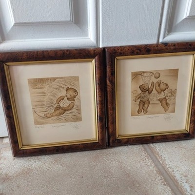 Sue Ellis Sporting Bears gerahmtes Kunstwerk Vintage Wandbild Kinderzimmer Teddybären