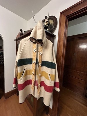 WOW! Vintage HUDSON BAY Wool Hooded Coat Buckskin Fringe Antler Buttons L XL