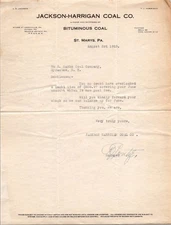 1923 Jackson-Harrigan Coal Co. Letterhead St. Marys PA Bituminous Coal