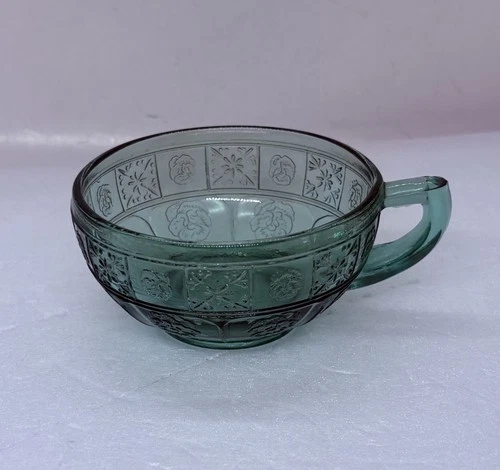 Vintage Jeanette Glass Doric Pansy Ultramarine Cup Teal Green Floral Decor X1