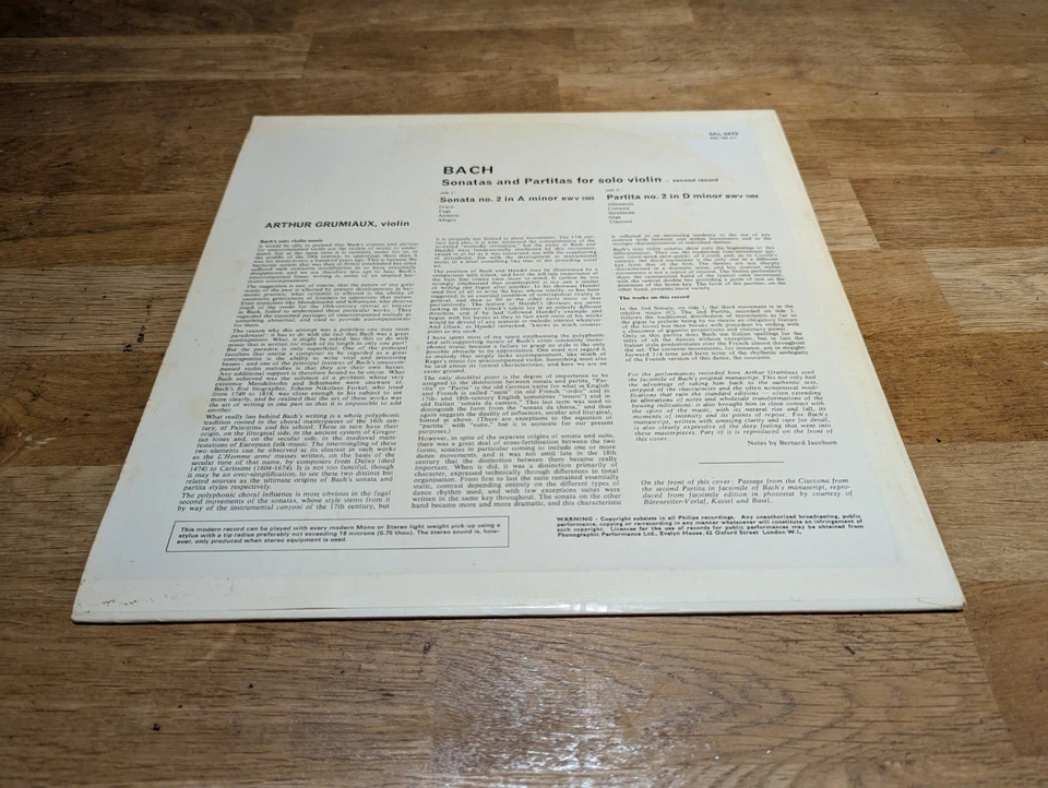 SAL 3473 Arthur Grumiaux Bach Sonata Partita no. 2 Philips Stereo LP - Image 2 of 4