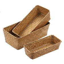 3 Natural Wicker Basket Set Rectangular Handwoven Seagrass Basket Storage Bin...