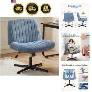 Office Desk Chair Wide Seat Swivel Adjustable Height Armless Blue Fabric