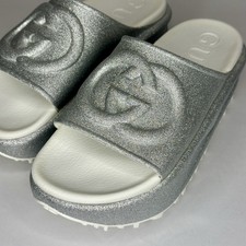 Size 37 - NEW GUCCI Glitter Silver Rubber GG Logo Slides Platform Mules Sandals