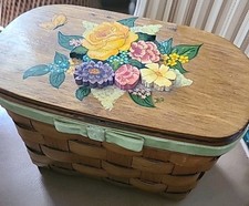 Vtg Wicker Wood Basket Purse Hand Painted Lined Mirror Bag 1960s Sewing Storage