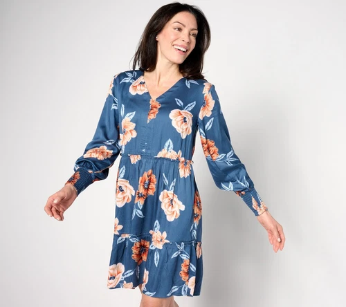 Petite Women's Blue Smocked Printed Knee-Length Dress PXS A634638