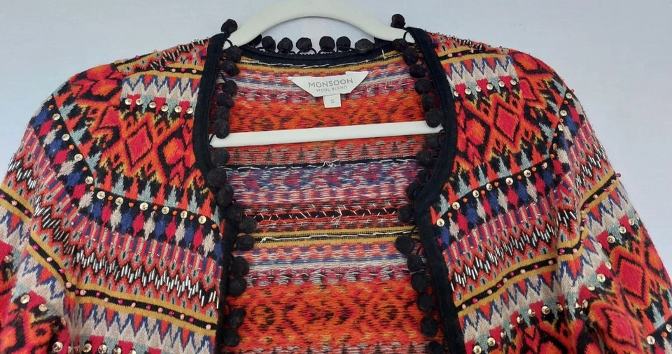 Cárdigan Monzón Pequeño Pom Pom Lentejuelas Cuentas Mezcla Lana Mangas Largas Foto 2 de 4