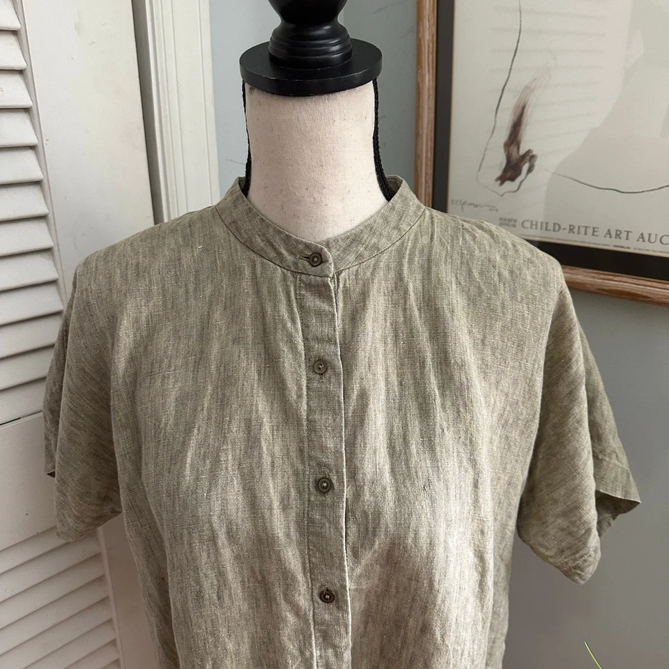 EILEEN FISHER Top 女式小号中号棕色有机亚麻纽扣 Lagenlook — 第 3/4 张图片