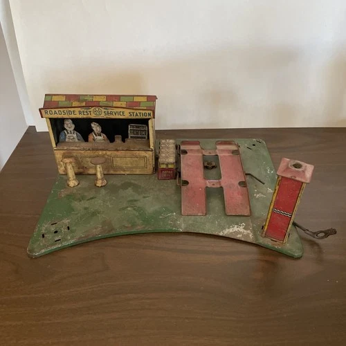 Vintage Marx Roadside Rest Service Station Tin Toy for Parts or Repair 1930s
