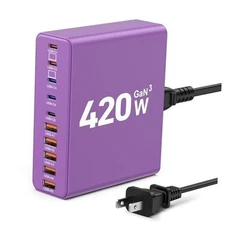 420W USB C Charger Block,10-Port Charging Station GaN Fast Charging Type Purple