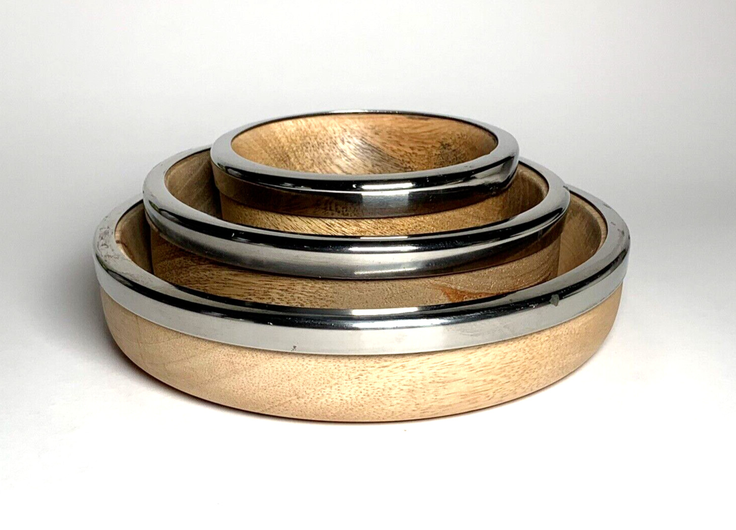 Wood Serving Bowls Silver Toned Metal Rims Natural Nesting Modern Style Set of 3