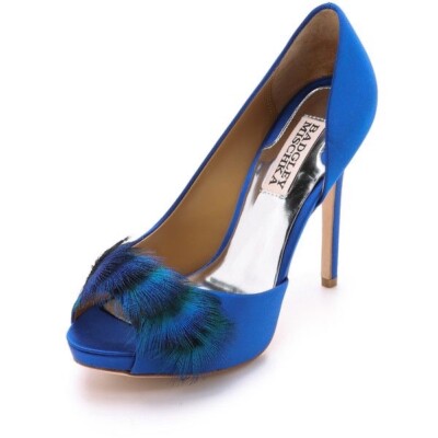 Badgley Mischka Piper Royal Blue Satin Peacock Feather Peeptoe High Heel  Pumps