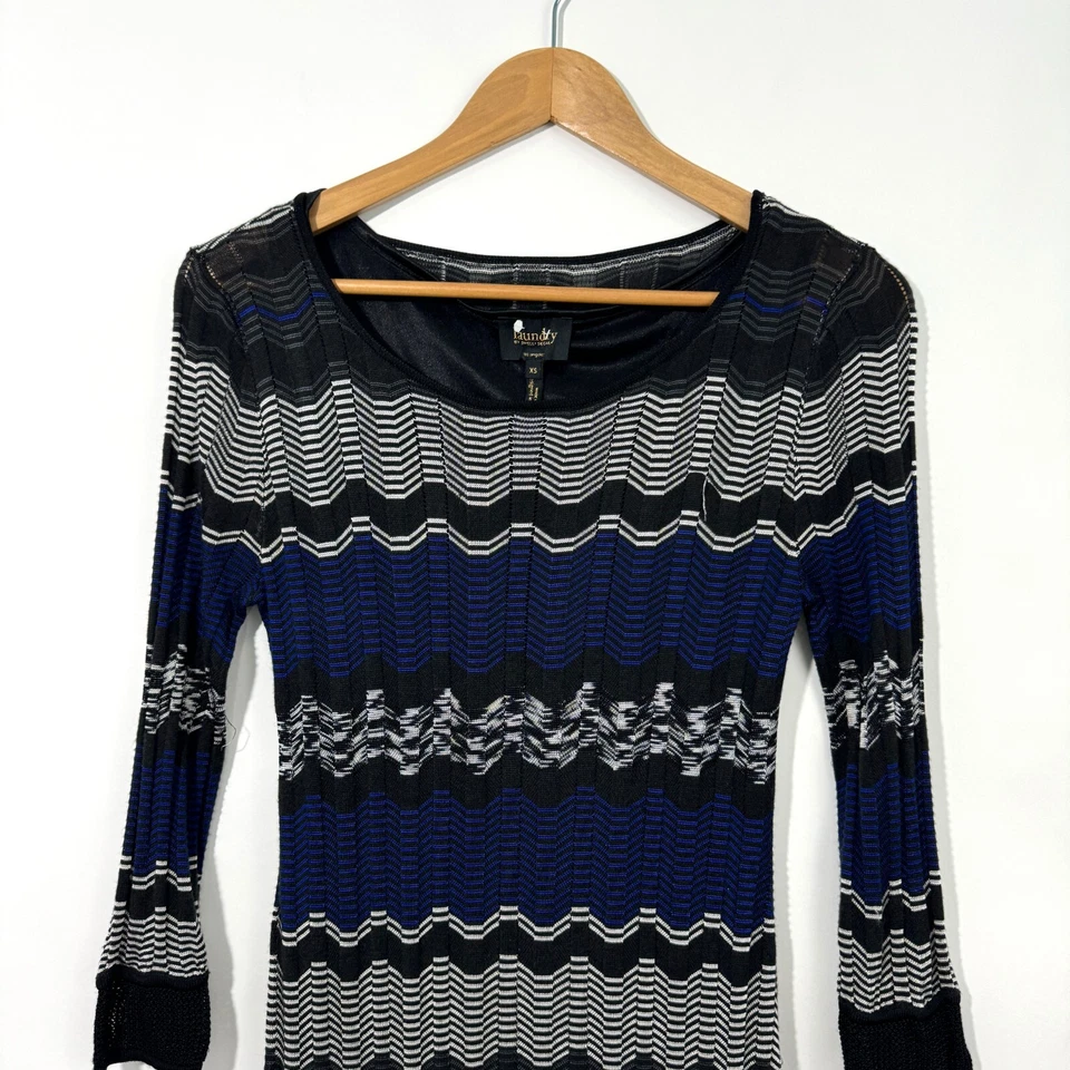 Vestido tejido a rayas Chevron azul negro Laundry By Shelli Segal para mujer talla XS Foto 3 de 4