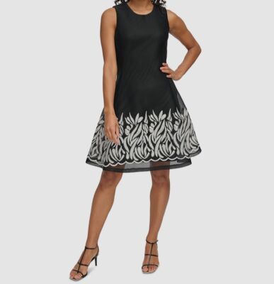 DKNY Women's Embroidered Mesh Sleeveless Fit & Flare Dress - Black/Ivory - 10