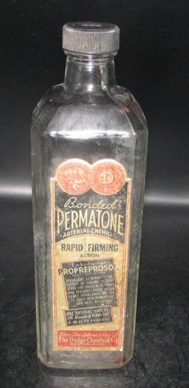 Vintage Dodge Chemical Embossed Glass Permafix Embalming Bottle Paper Label