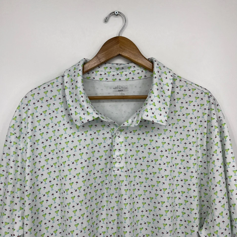 BCG Polo Shirt Mens 3XL White Green Golf Moisture Wicking Martini Cocktail Print - Image 2 of 4