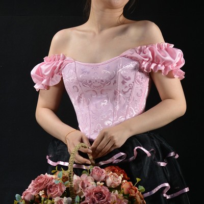 Jacquard Corset for Women Renaissance Victorian Back Lace-up Tops ruffles sleeve