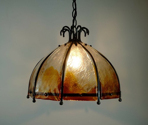 brutalist mid century PENDANT LAMP wrought iron and wonderful murano glass 1960s - 第 5/10 張圖片