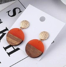 Orange Wooden Geometric Earrings - Round Circle Acrylic Resin Lightweight Wood