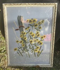 Vintage 70s Framed Crewel Embroidery Wall Art Fence Post  Yellow Flowers 26x20  
