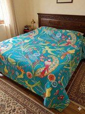 Indian Bird Printed Turquiose Cotton kantha Quilt Blanket Throw Bedspreads