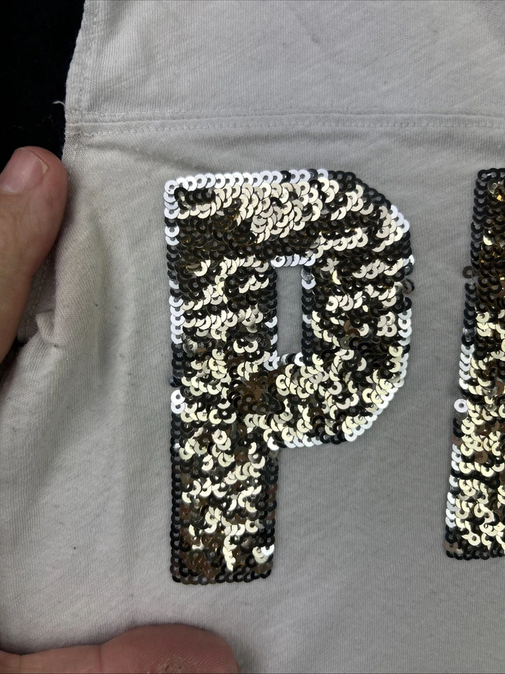 Victorias Secret PINK In Gold on White/Black Sequin Logo V-Neck Tee T-Shirt Top - Image 3 of 4